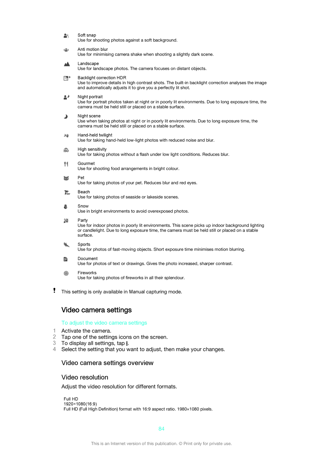 Sony D5503 manual Video camera settings overview Video resolution, To adjust the video camera settings 