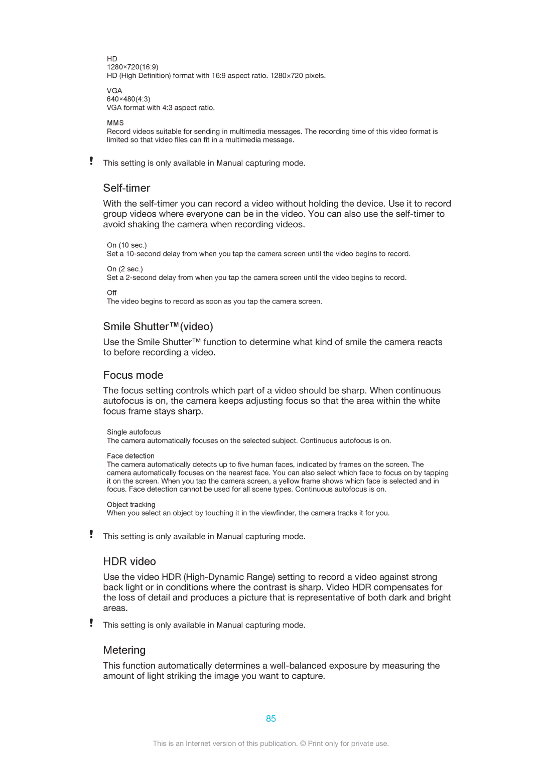 Sony D5503 manual Smile Shuttervideo, HDR video 