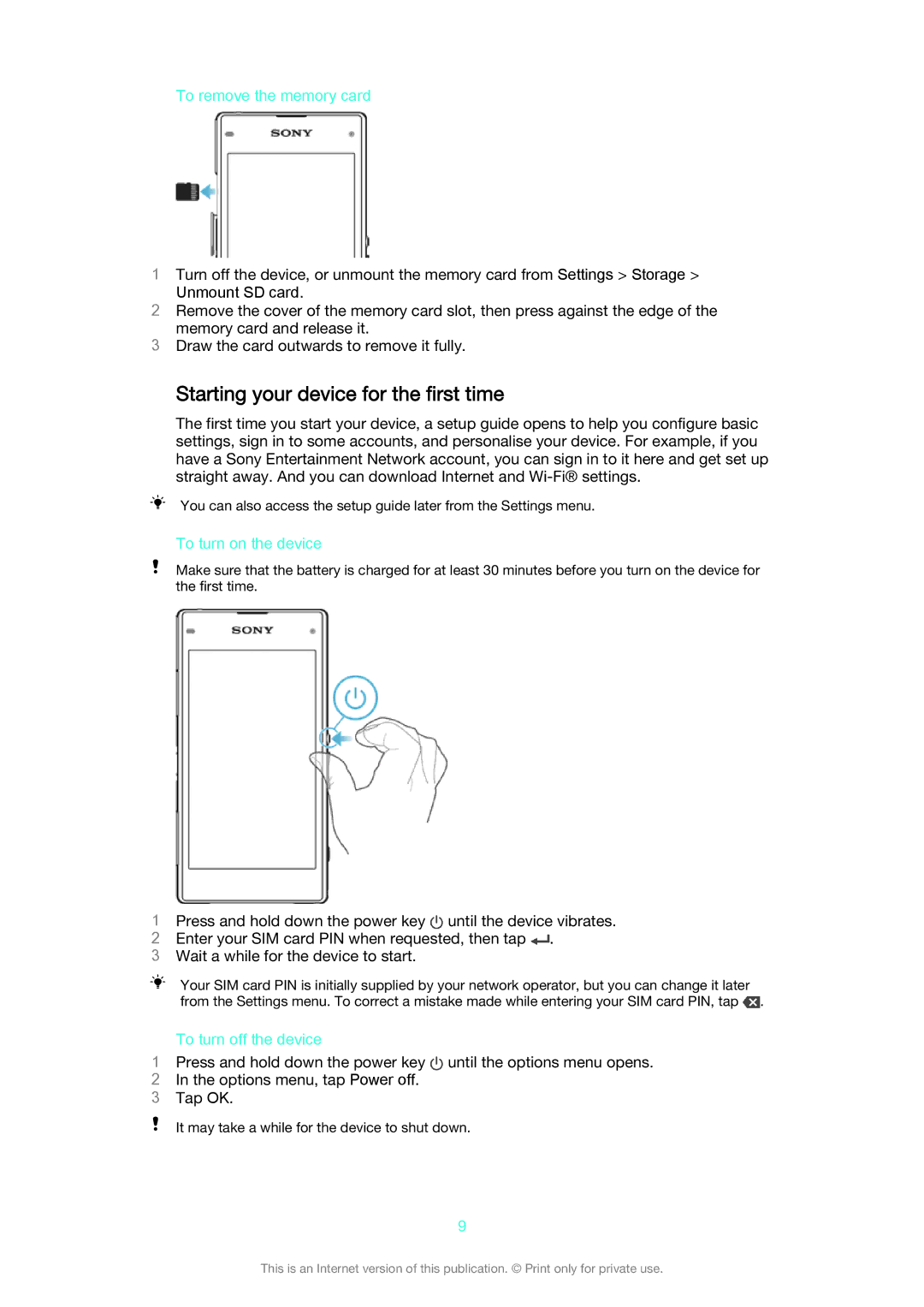 Sony D5503 manual Starting your device for the first time, Options menu, tap Power off, Tap OK 