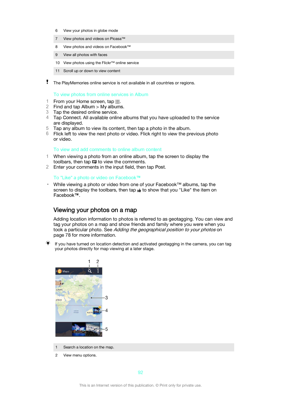 Sony D5503 manual Viewing your photos on a map, To view photos from online services in Album 