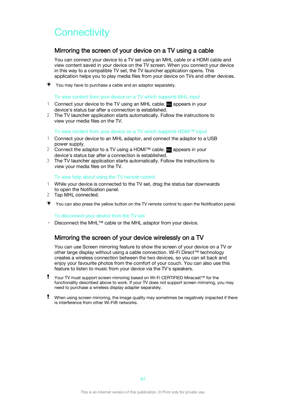 Sony D5503 manual Connectivity, Mirroring the screen of your device on a TV using a cable 