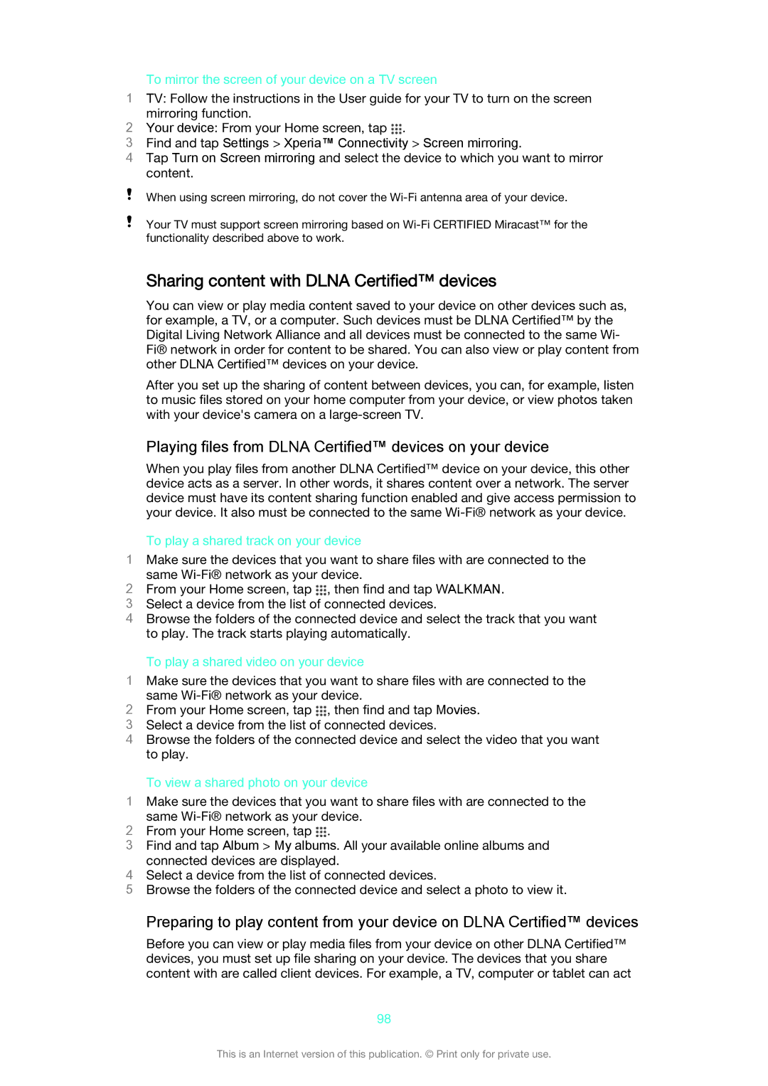 Sony D5503 manual Sharing content with Dlna Certified devices, Playing files from Dlna Certified devices on your device 