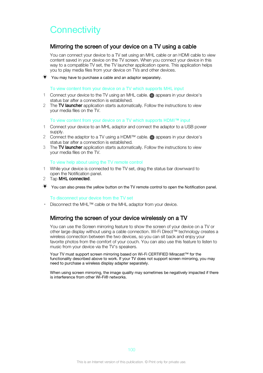 Sony D5803/D5833 manual Connectivity, Mirroring the screen of your device on a TV using a cable, Tap MHL connected 