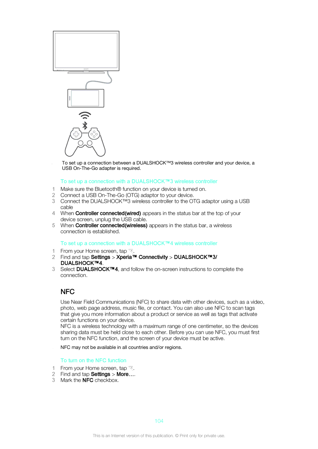 Sony D5803/D5833 manual To turn on the NFC function, 104 