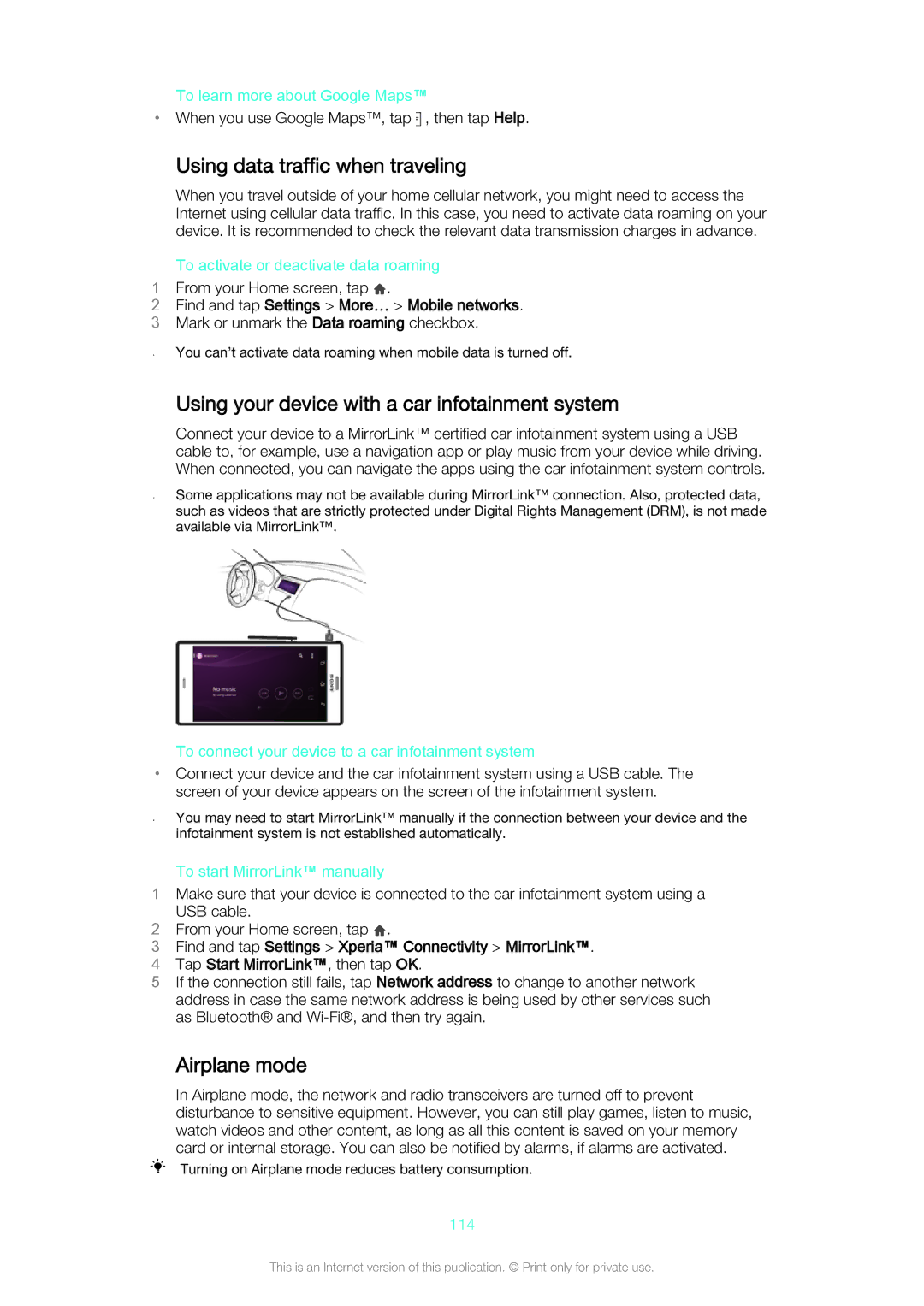 Sony D5803/D5833 manual Using data traffic when traveling, Using your device with a car infotainment system, Airplane mode 