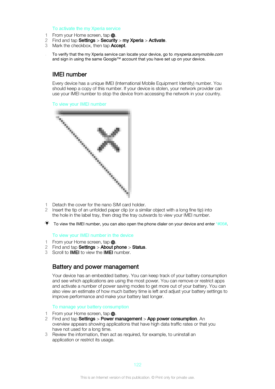 Sony D5803/D5833 manual Imei number, Battery and power management, Find and tap Settings Security my Xperia Activate 