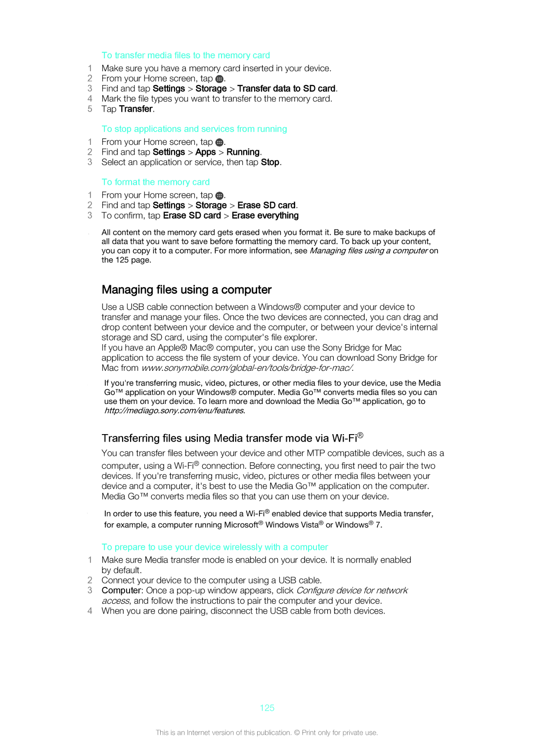 Sony D5803/D5833 Managing files using a computer, Transferring files using Media transfer mode via Wi-Fi, Tap Transfer 