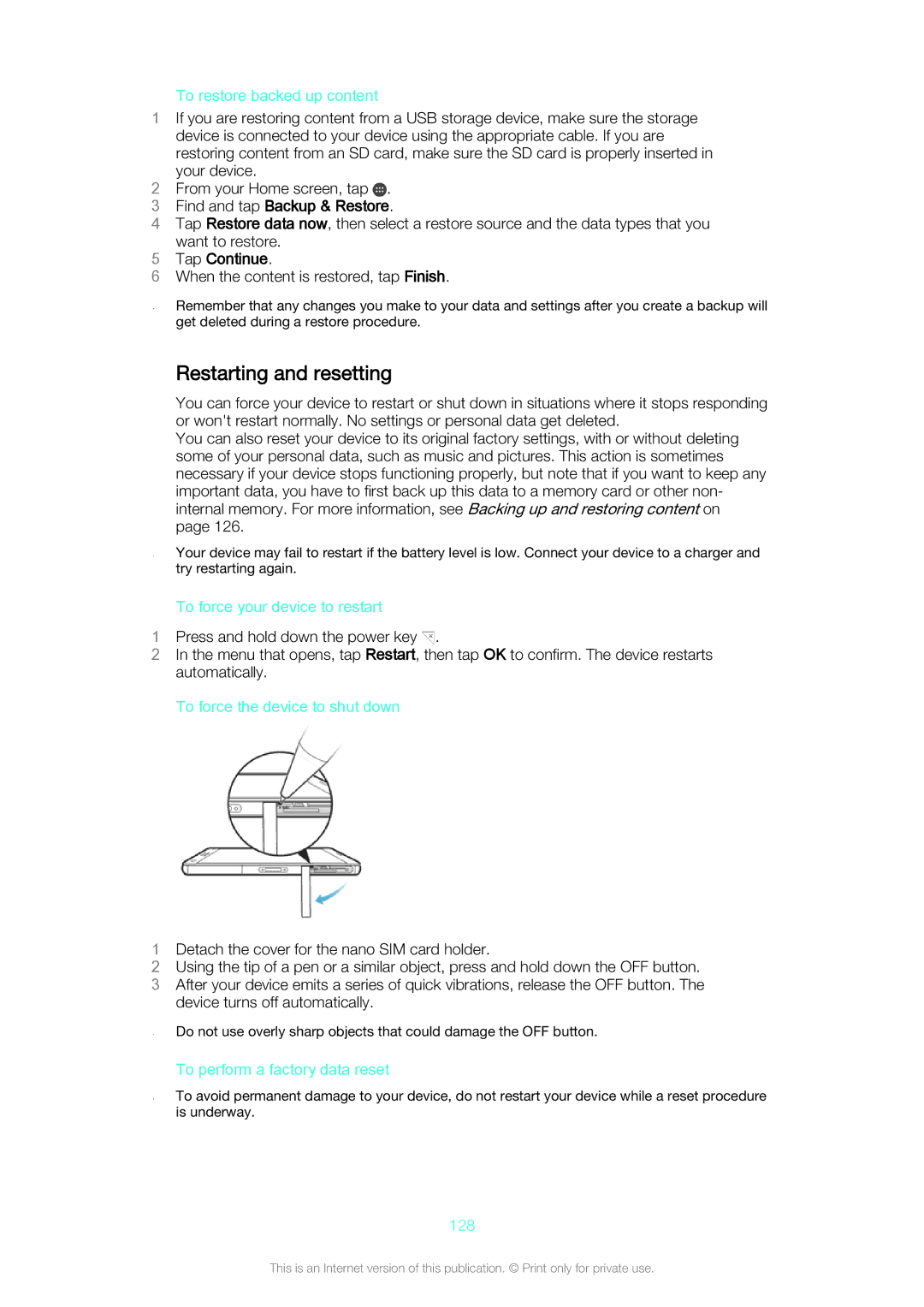 Sony D5803/D5833 manual Restarting and resetting 