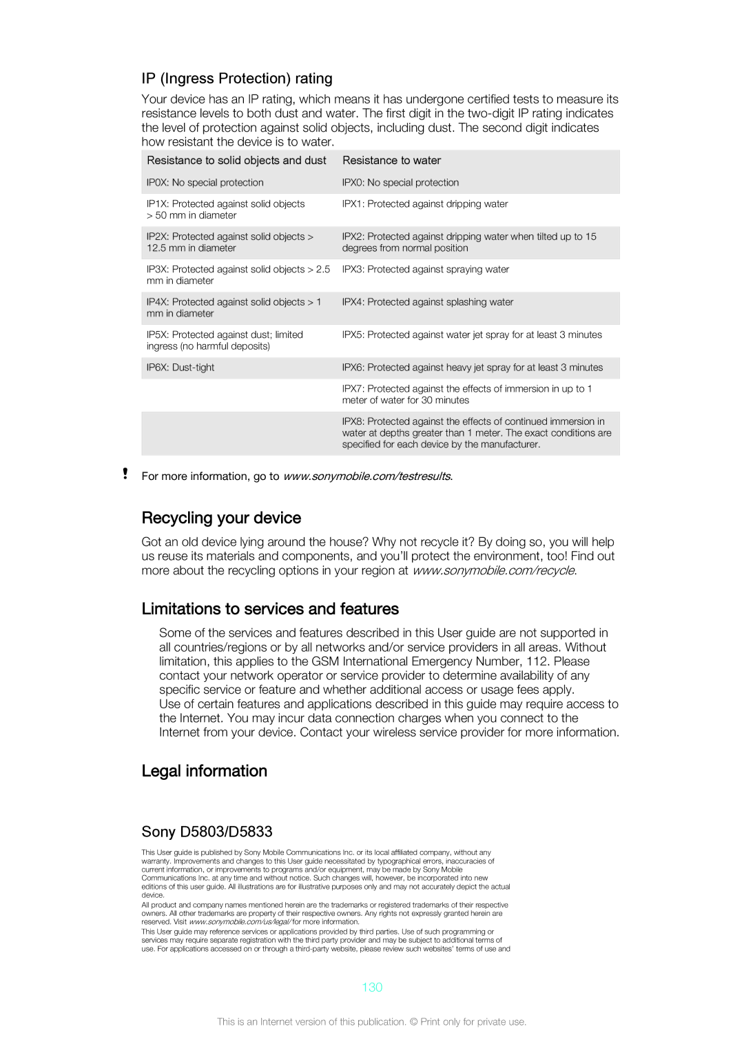 Sony manual Recycling your device Limitations to services and features, Legal information, Sony D5803/D5833, 130 