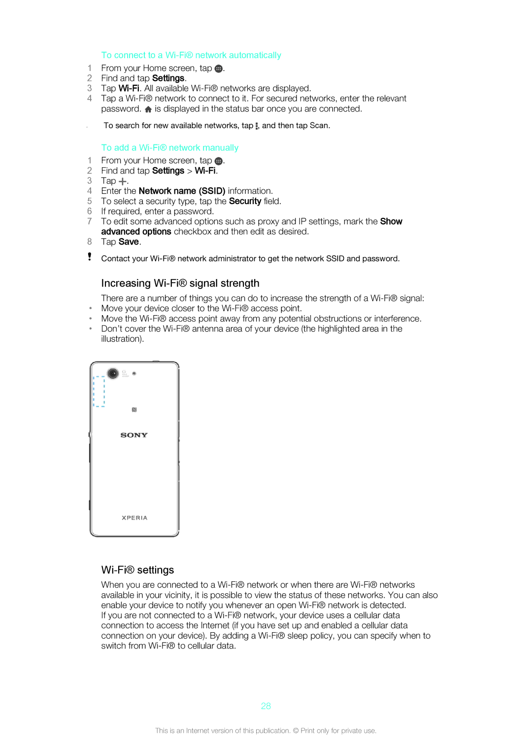 Sony D5803/D5833 manual Increasing Wi-Fi signal strength, Wi-Fi settings 