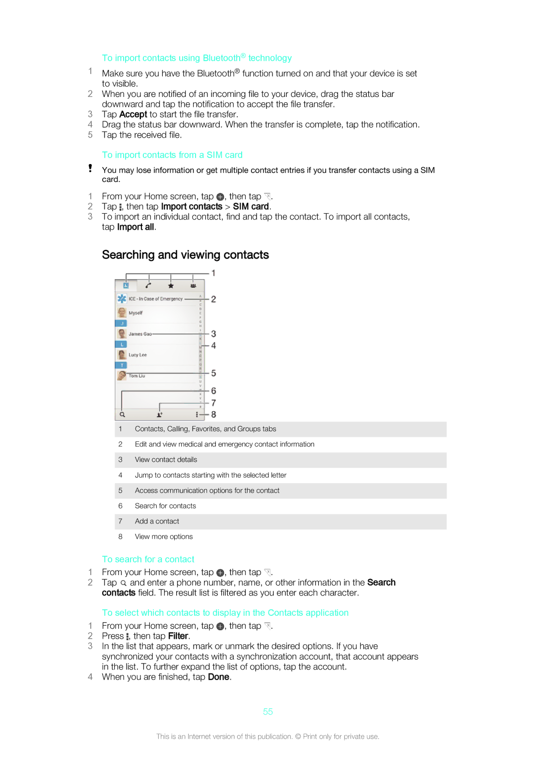 Sony D5803/D5833 Searching and viewing contacts, To import contacts using Bluetooth technology, To search for a contact 