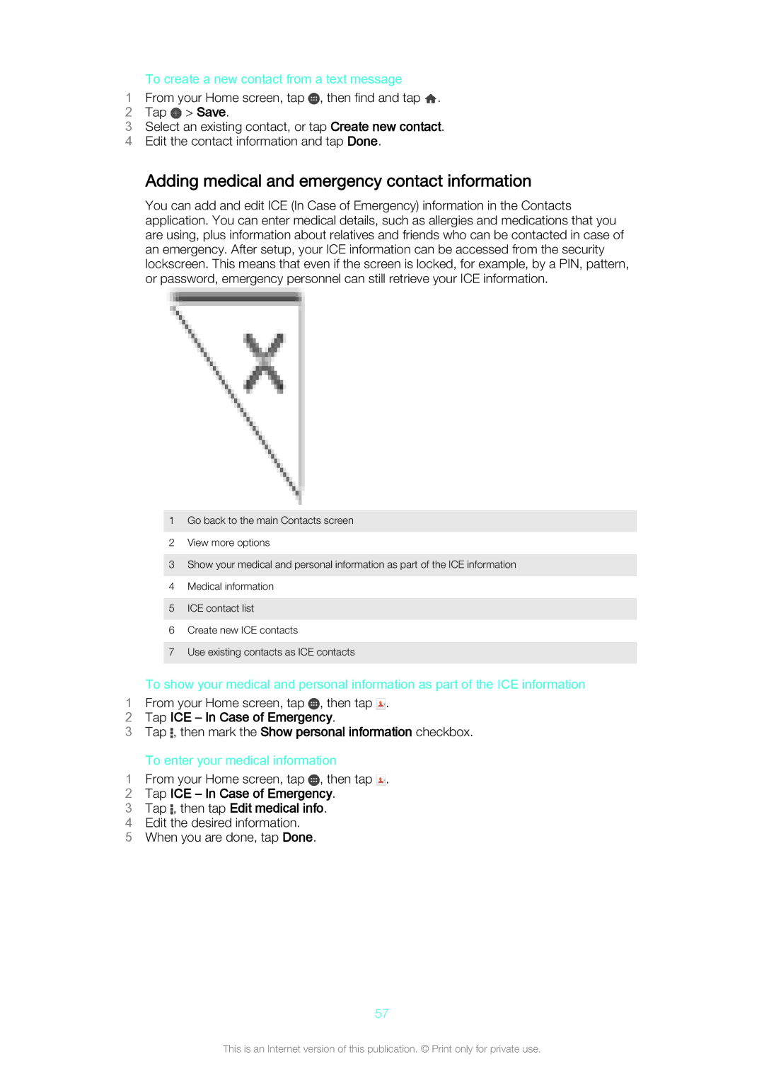 Sony D5803/D5833 manual Adding medical and emergency contact information, To create a new contact from a text message 