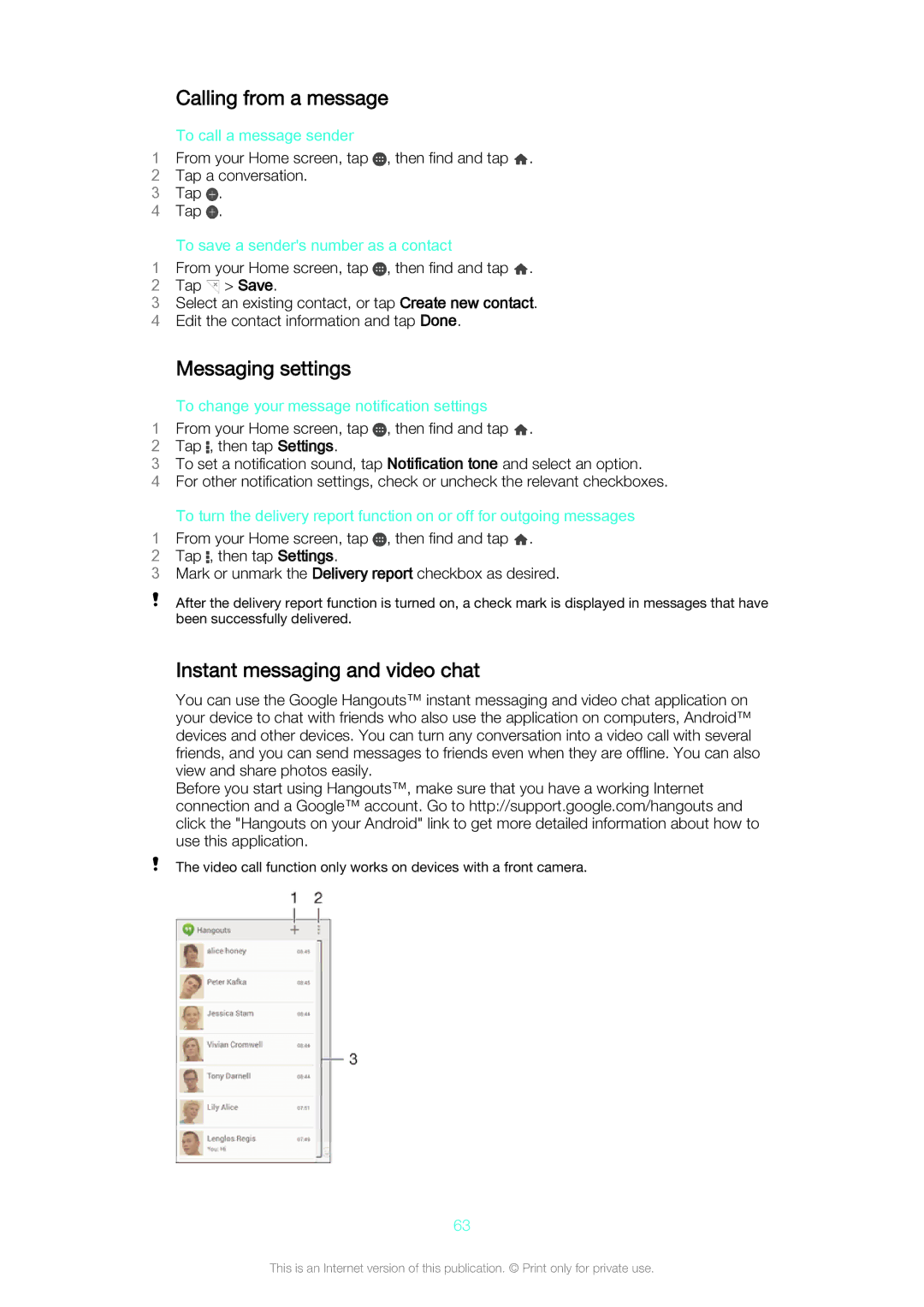 Sony D5803/D5833 manual Calling from a message, Messaging settings, Instant messaging and video chat 