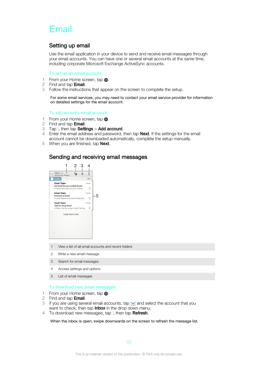 Sony D5803/D5833 manual Setting up email, Sending and receiving email messages, Tap , then tap Settings Add account 