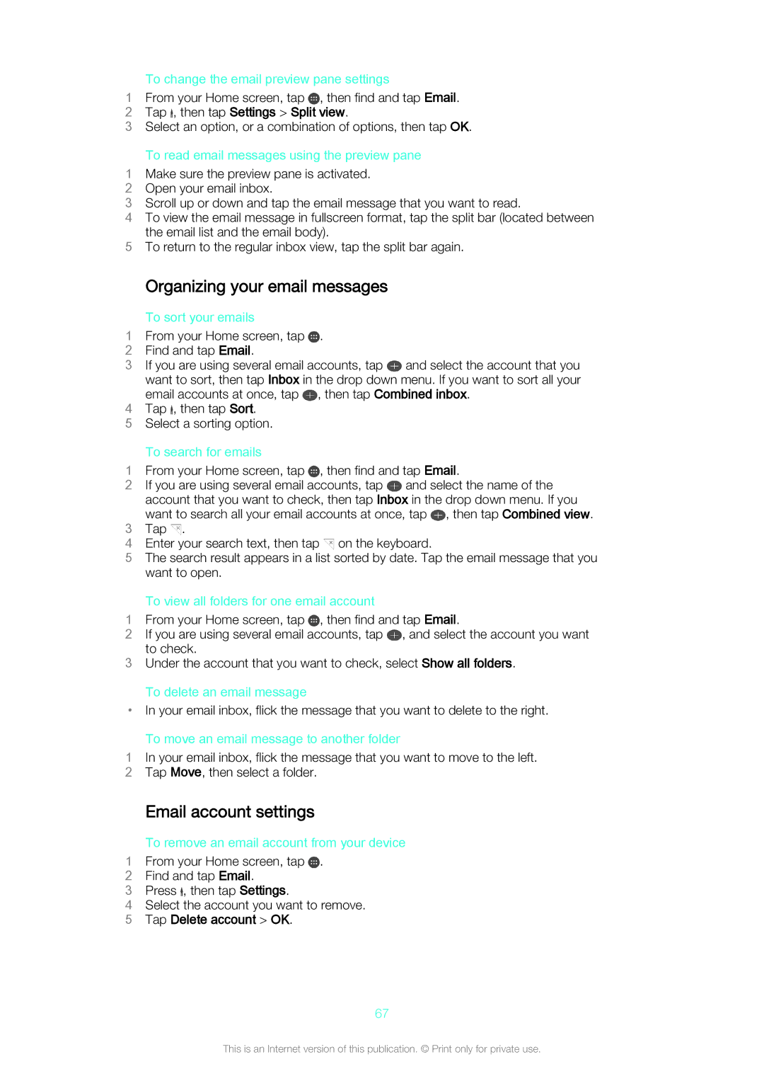 Sony D5803/D5833 manual Organizing your email messages, Email account settings, Tap , then tap Settings Split view 