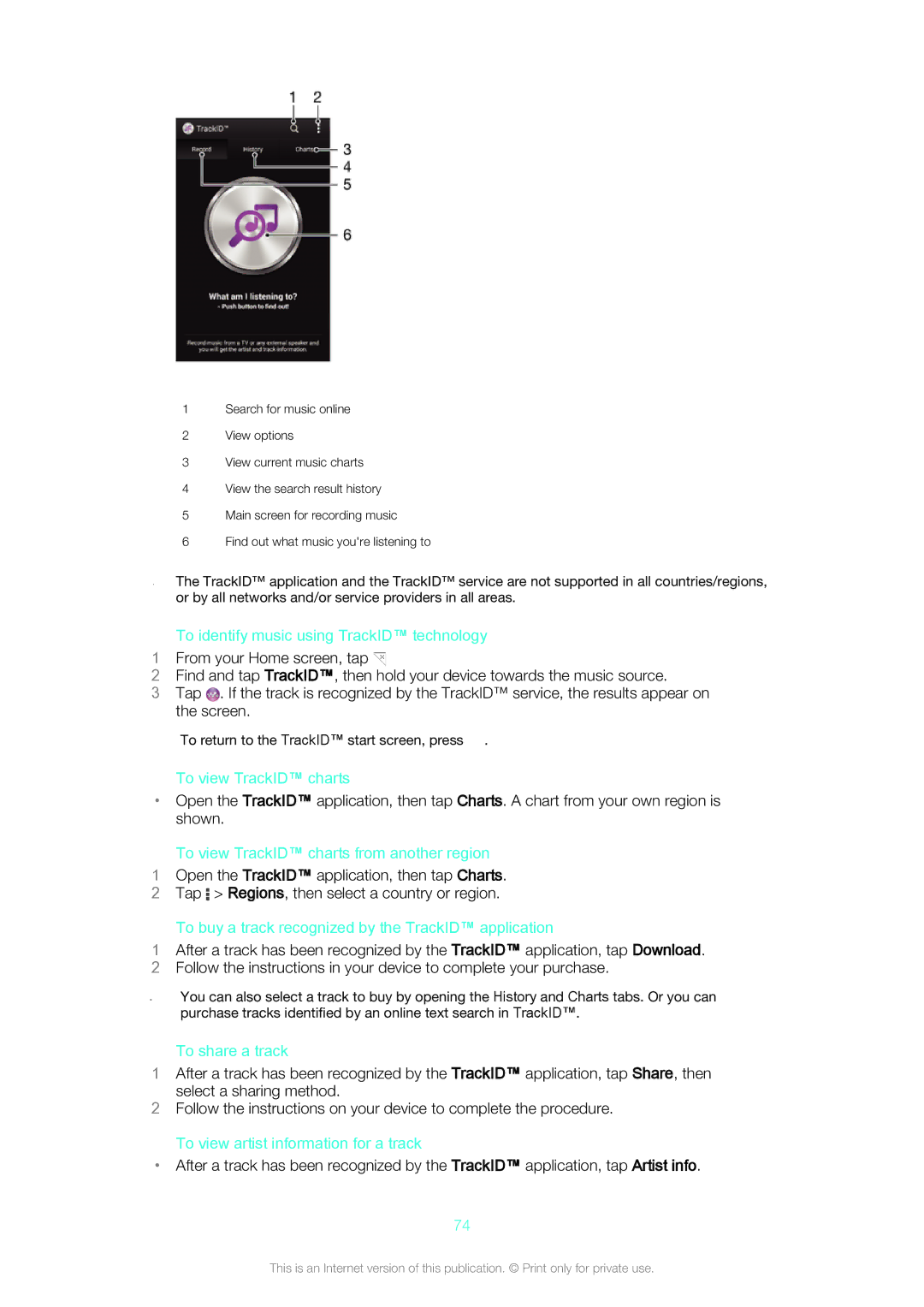 Sony D5803/D5833 manual To identify music using TrackID technology, To view TrackID charts, To share a track 