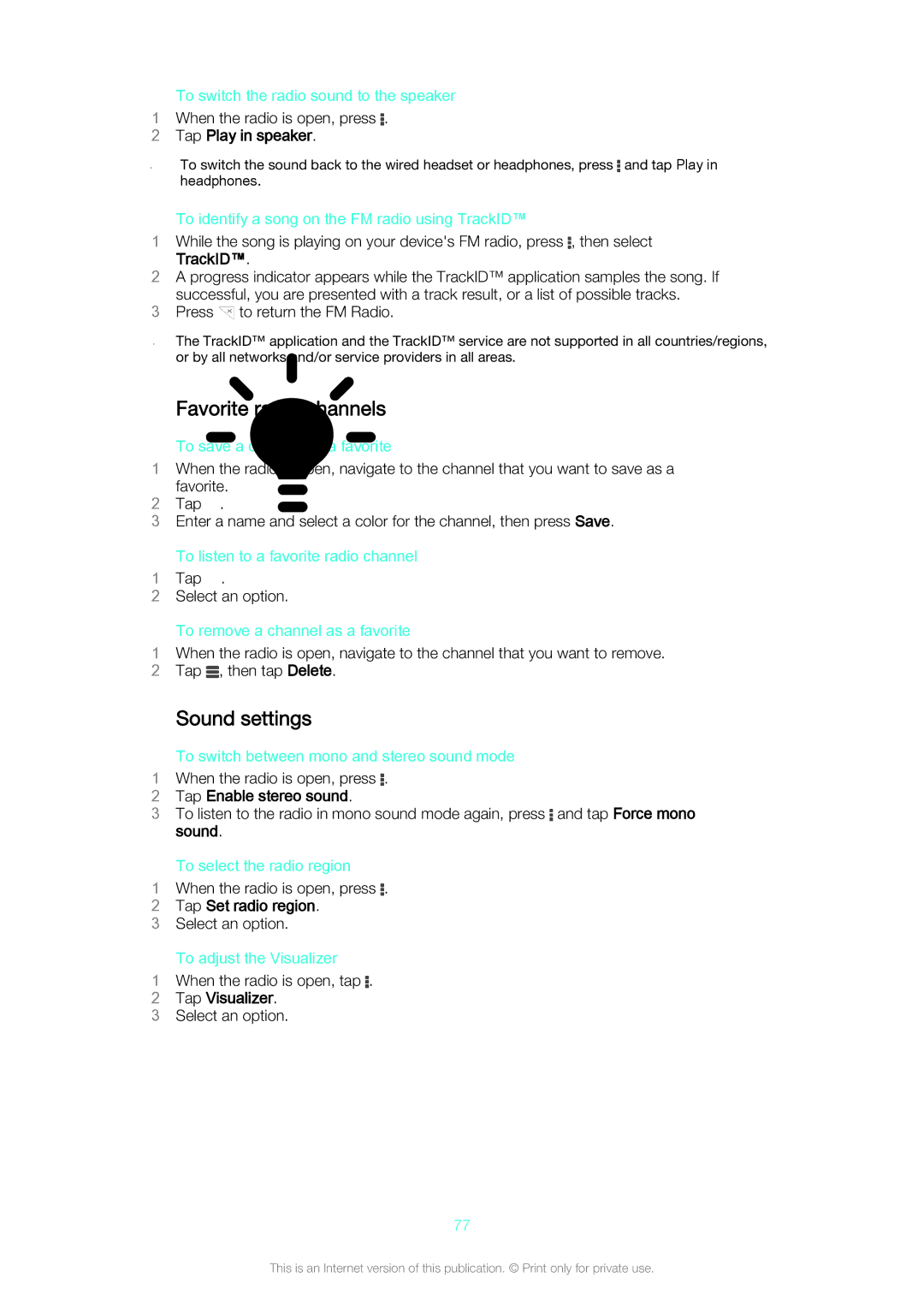 Sony D5803/D5833 manual Favorite radio channels, Sound settings 