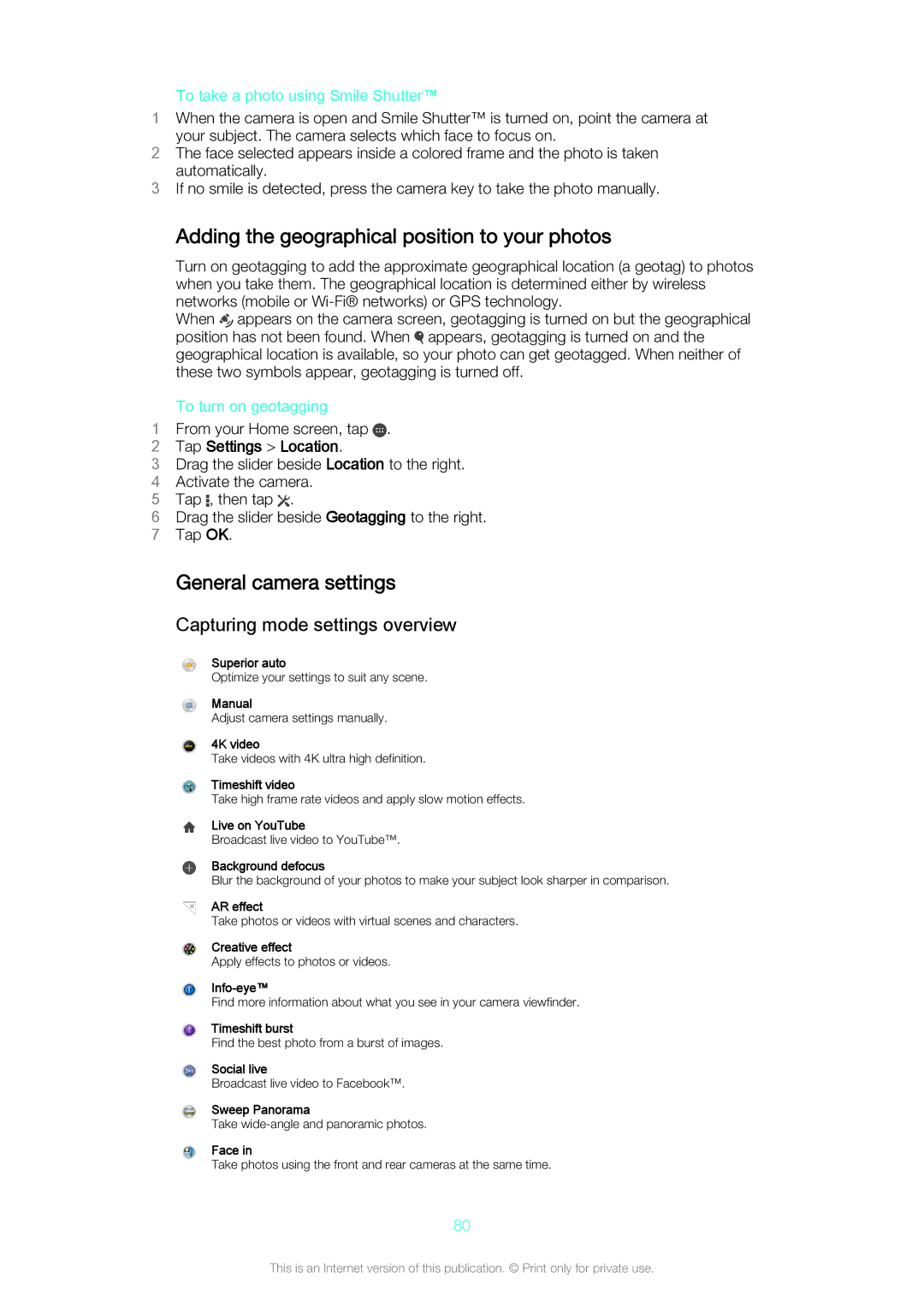 Sony D5803/D5833 manual Adding the geographical position to your photos, General camera settings, Tap Settings Location 