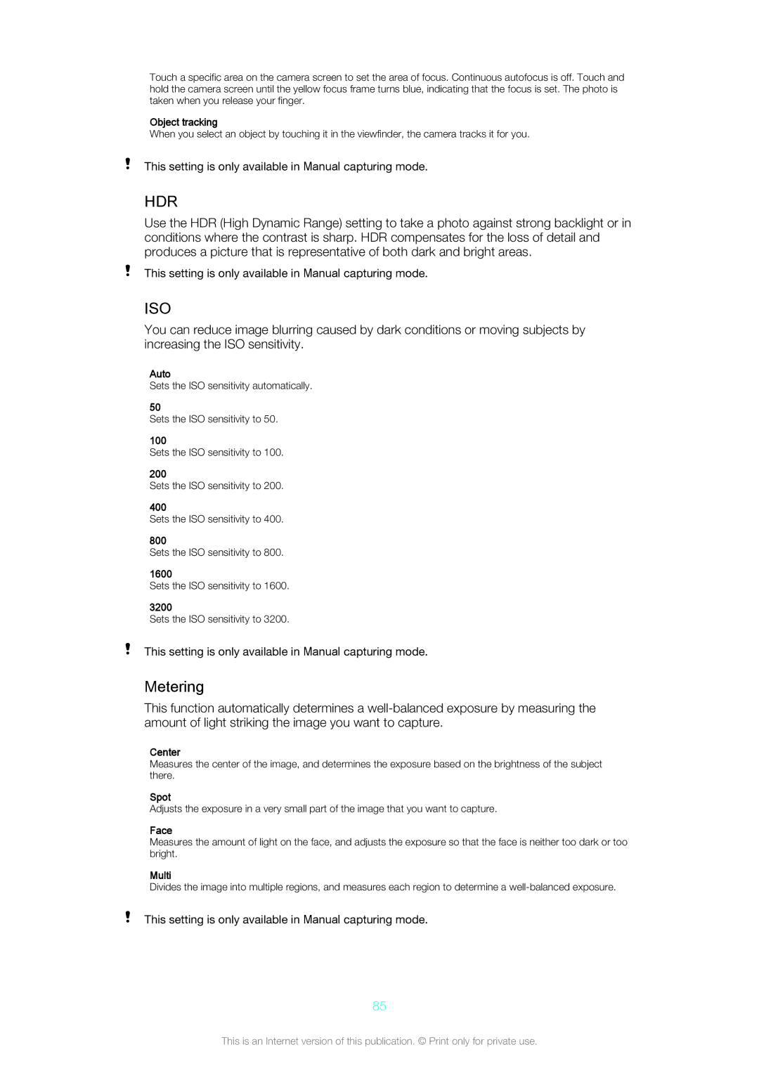 Sony D5803/D5833 manual Hdr, Metering 