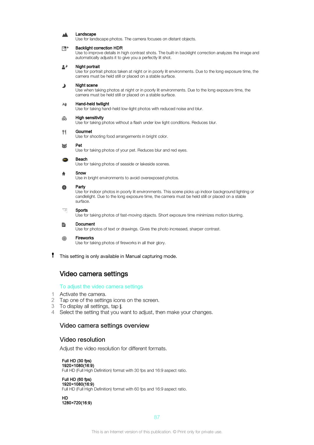 Sony D5803/D5833 manual Video camera settings overview Video resolution, To adjust the video camera settings 