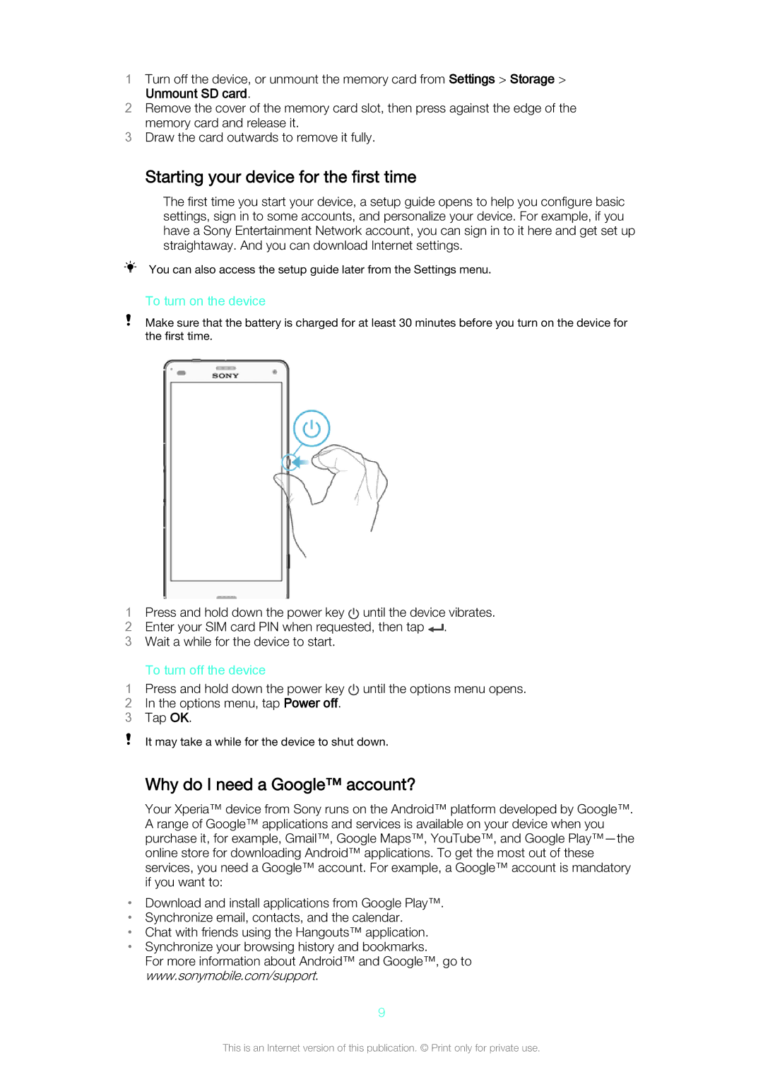 Sony D5803/D5833 manual Starting your device for the first time, Why do I need a Google account?, Unmount SD card 