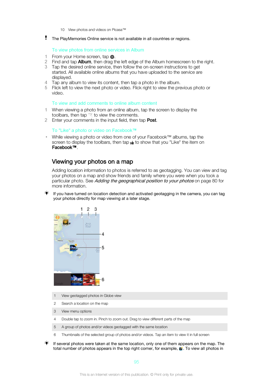 Sony D5803/D5833 manual Viewing your photos on a map, To view photos from online services in Album 