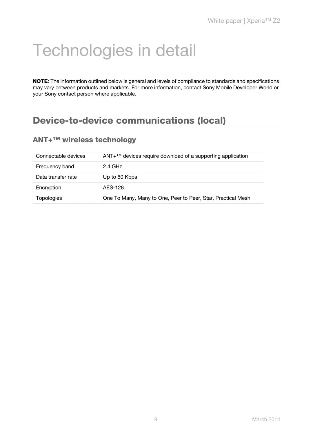 Sony D6503, D6543, D6502 manual Device-to-device communications local, ANT+ wireless technology 