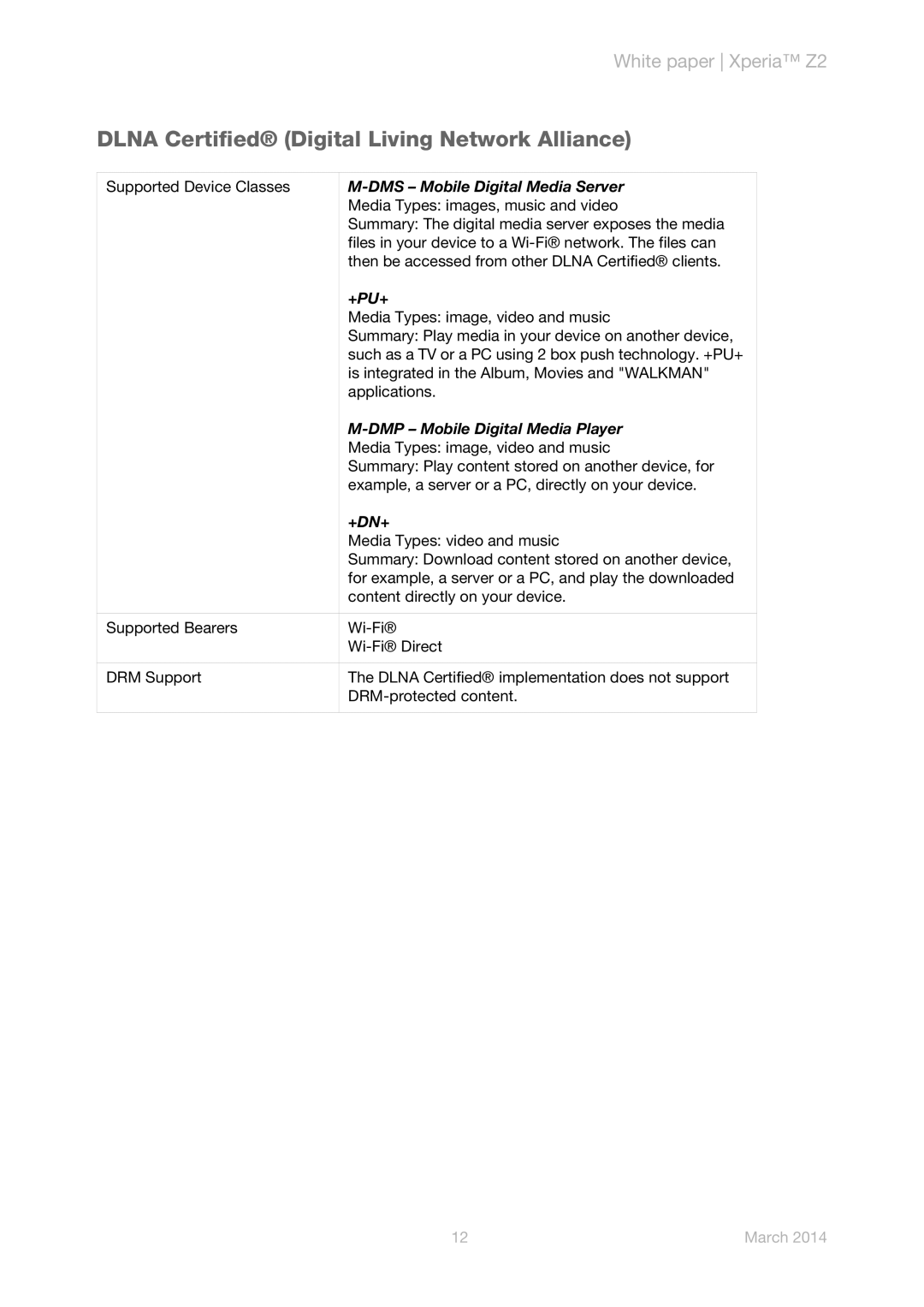 Sony D6503, D6543, D6502 manual Dlna Certified Digital Living Network Alliance, DMS Mobile Digital Media Server 