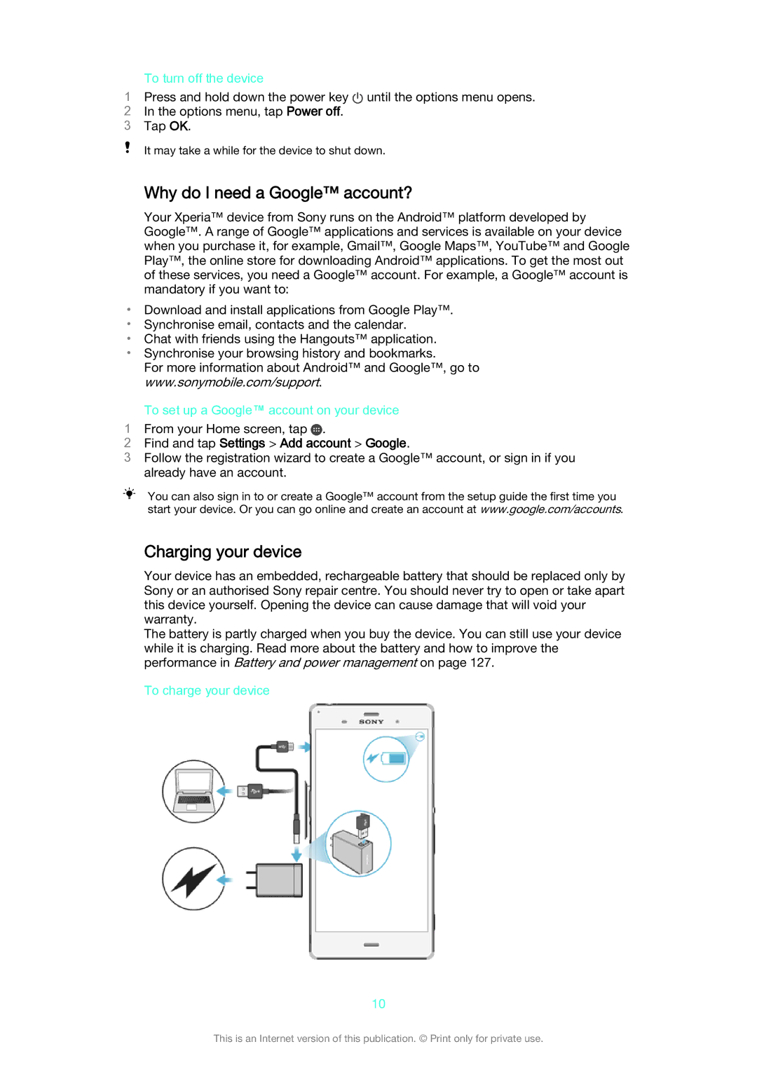 Sony D6633 manual Why do I need a Google account?, Charging your device, Find and tap Settings Add account Google 