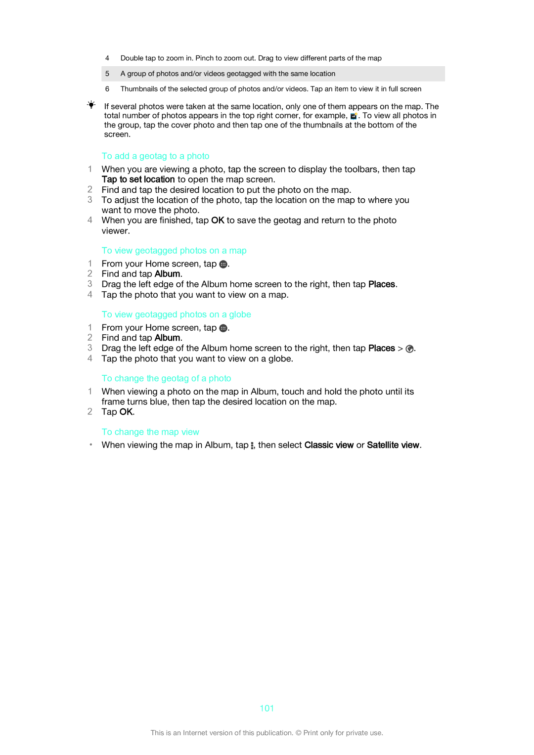 Sony D6633 manual To add a geotag to a photo, To view geotagged photos on a map, To view geotagged photos on a globe, 101 