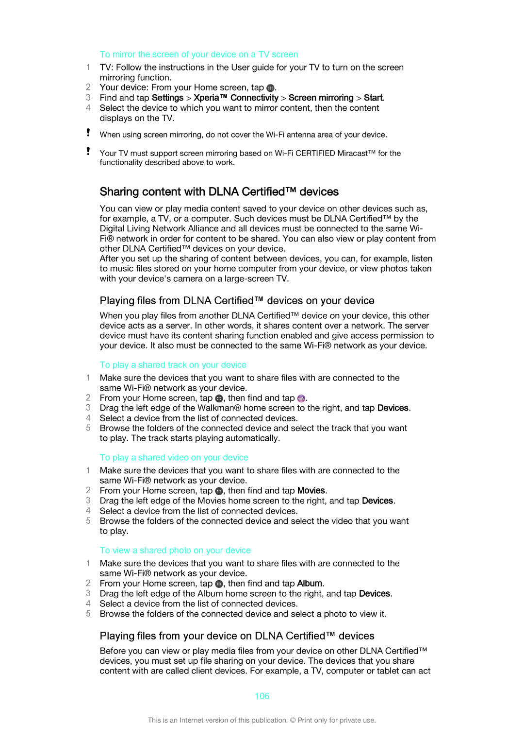 Sony D6633 manual Sharing content with Dlna Certified devices, Playing files from Dlna Certified devices on your device 