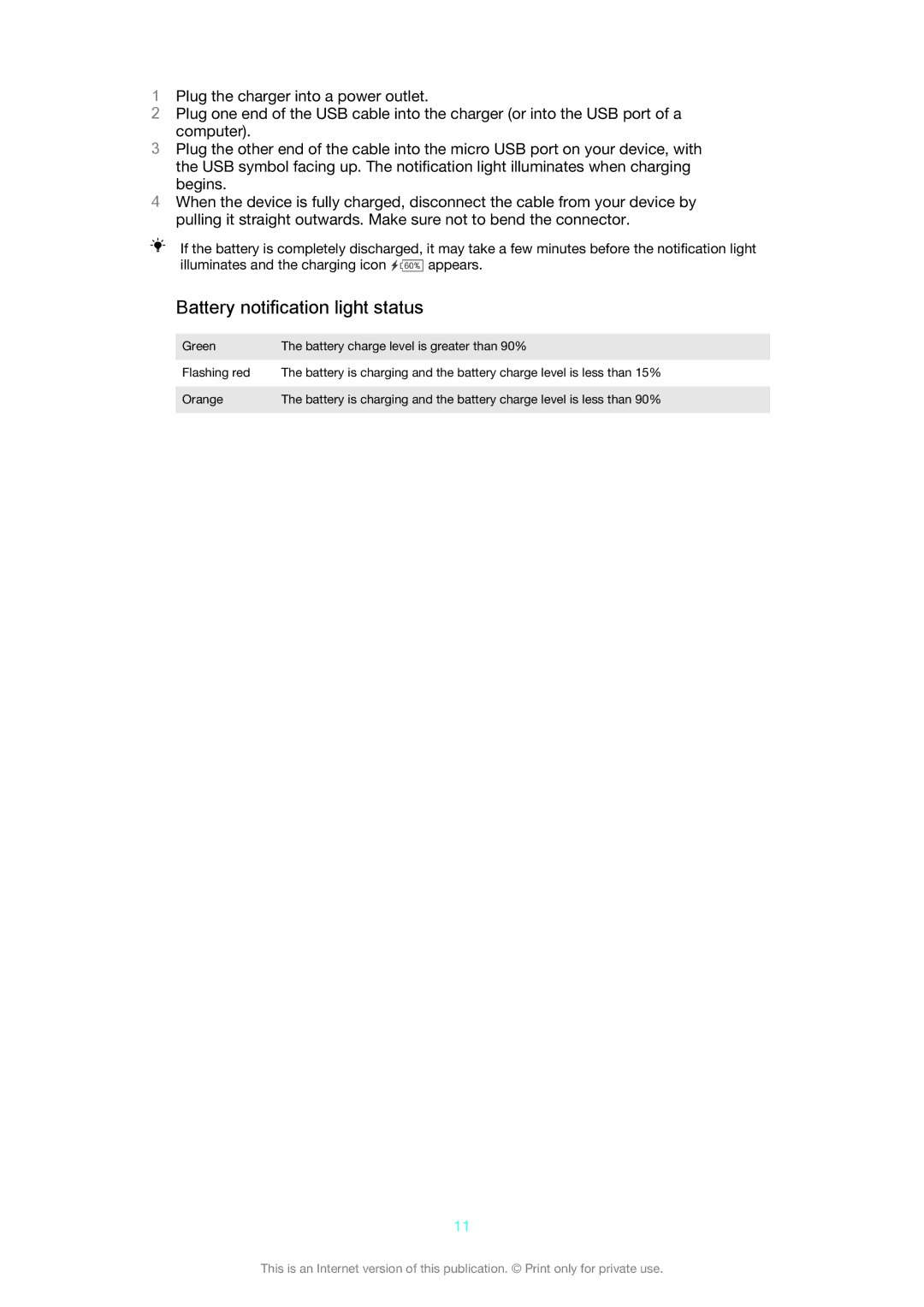 Sony D6633 manual Battery notification light status 