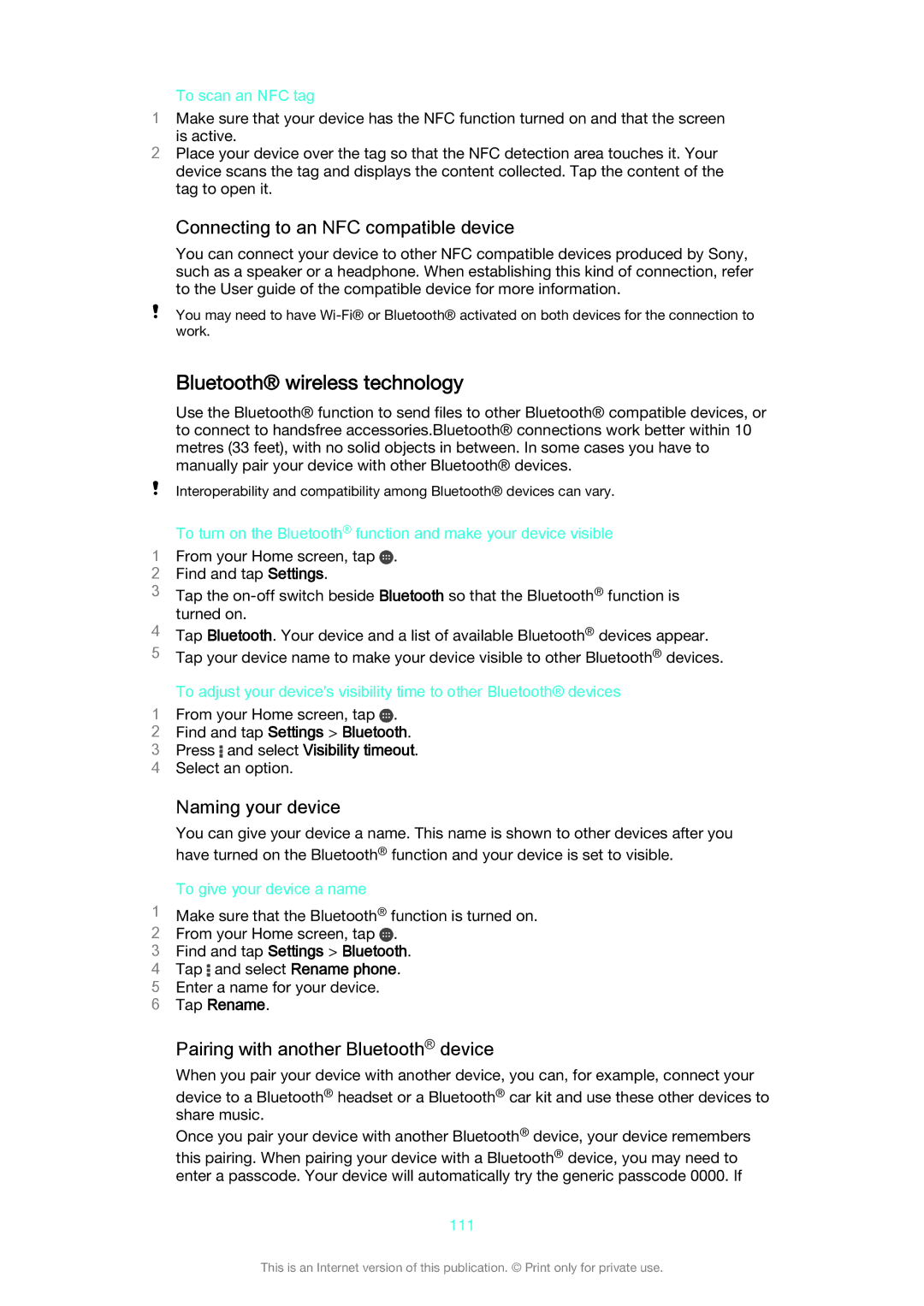 Sony D6633 manual Bluetooth wireless technology, Connecting to an NFC compatible device, Naming your device 