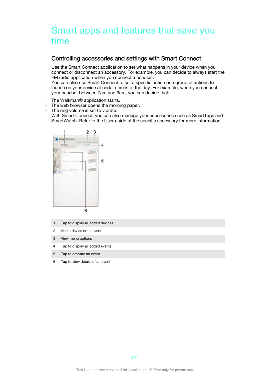 Sony D6633 manual Smart apps and features that save you time, Controlling accessories and settings with Smart Connect, 114 