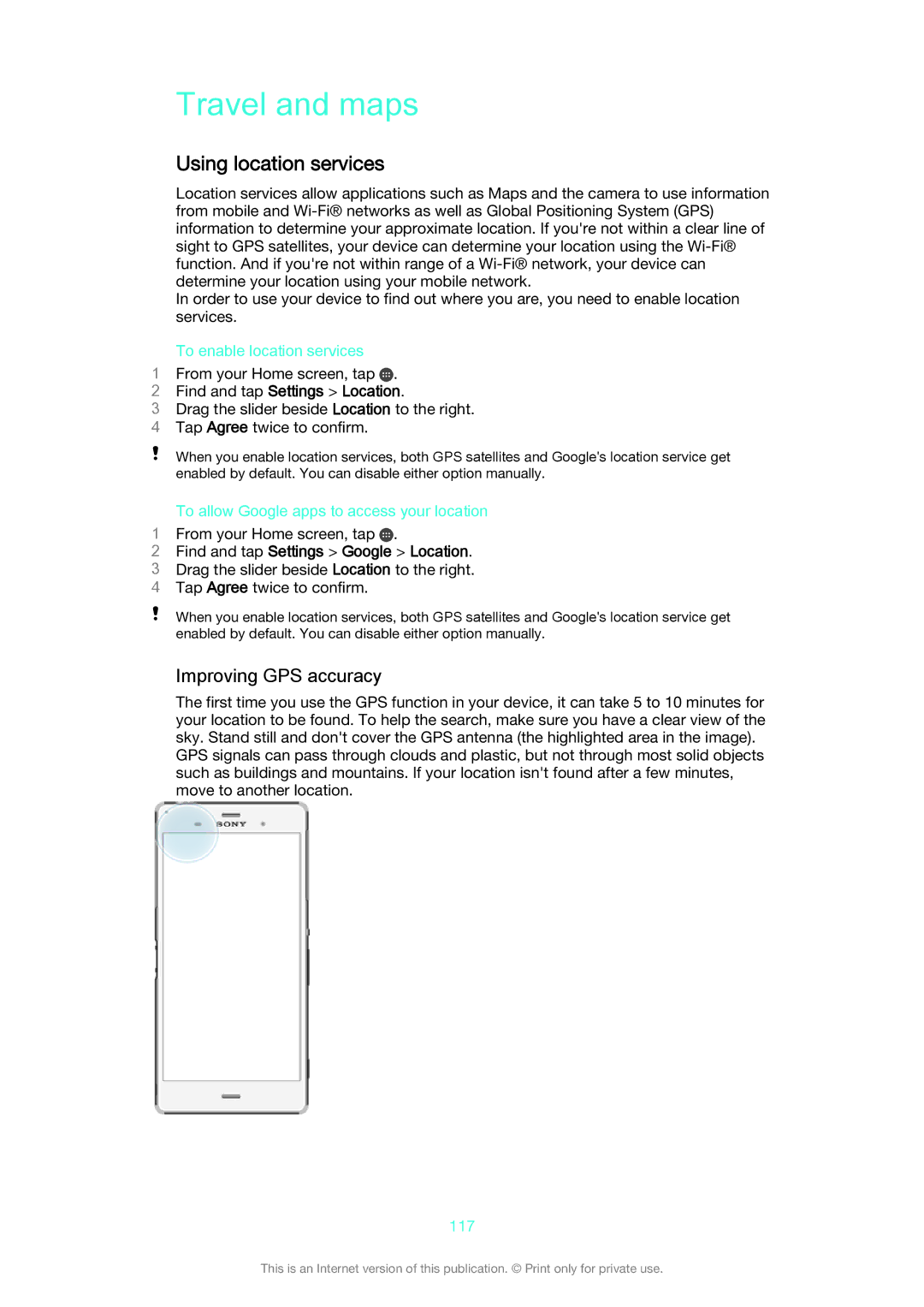 Sony D6633 manual Travel and maps, Using location services, Improving GPS accuracy, Find and tap Settings Location 