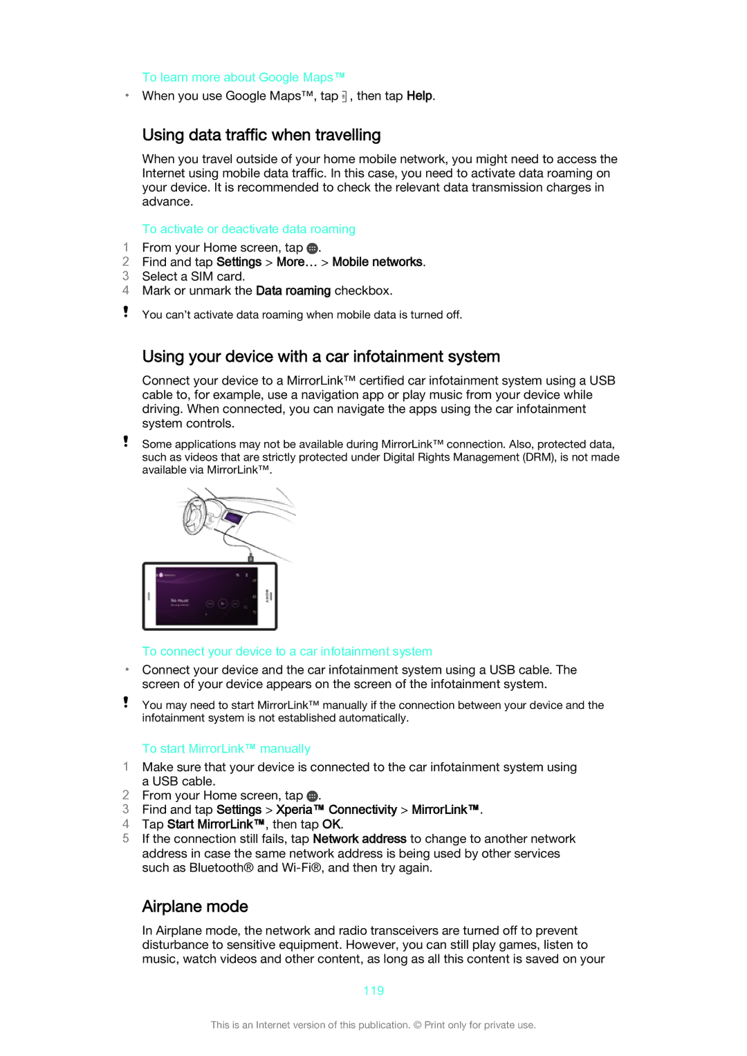 Sony D6633 manual Using data traffic when travelling, Using your device with a car infotainment system, Airplane mode 