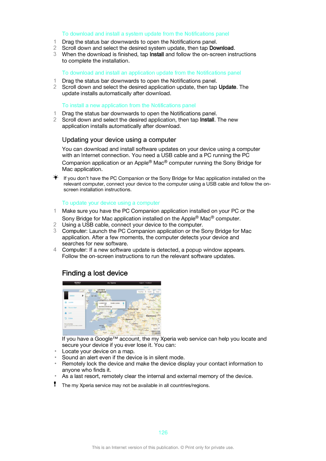 Sony D6633 manual Finding a lost device, Updating your device using a computer, To update your device using a computer, 126 