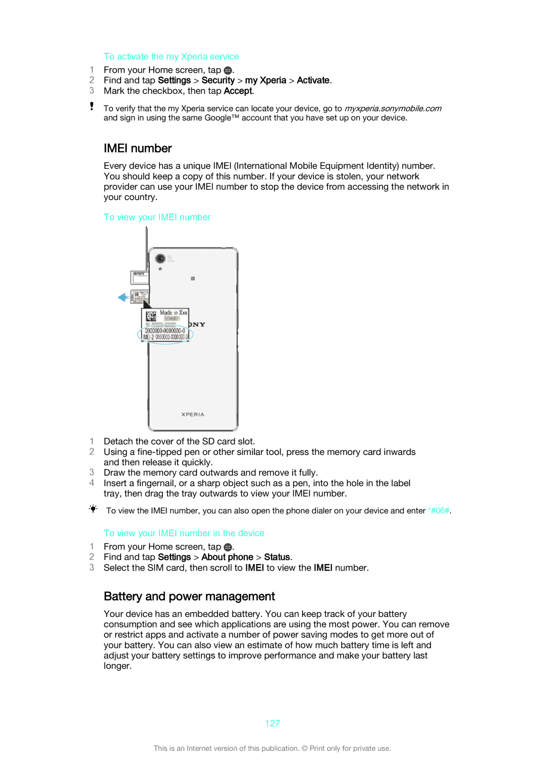 Sony D6633 manual Imei number, Battery and power management, Find and tap Settings Security my Xperia Activate 