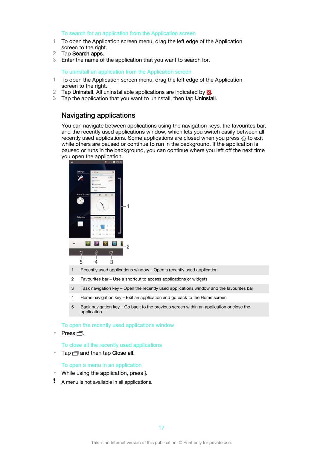 Sony D6633 manual Navigating applications, Tap Search apps 