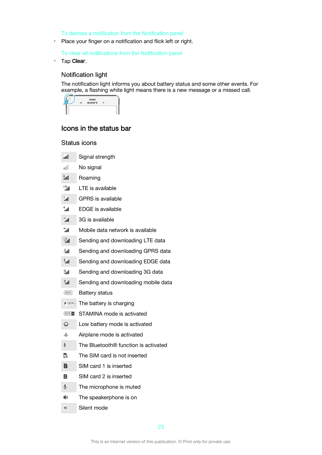 Sony D6633 manual Icons in the status bar, Notification light, Status icons 
