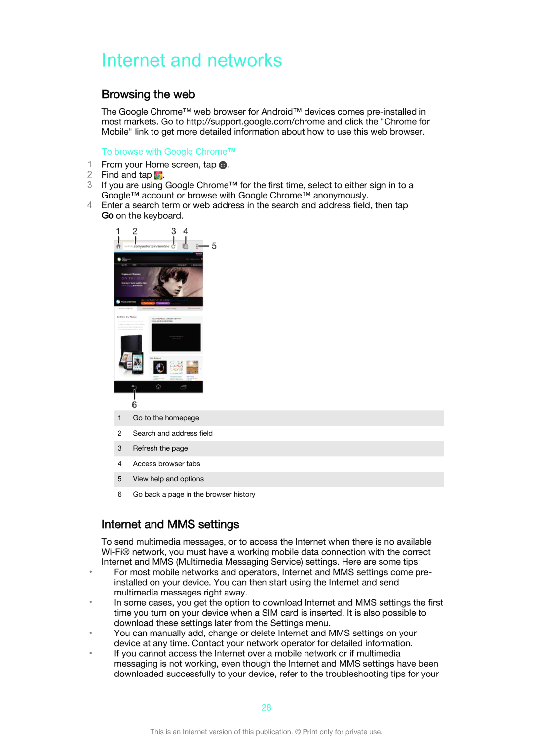 Sony D6633 manual Internet and networks, Browsing the web, Internet and MMS settings, To browse with Google Chrome 