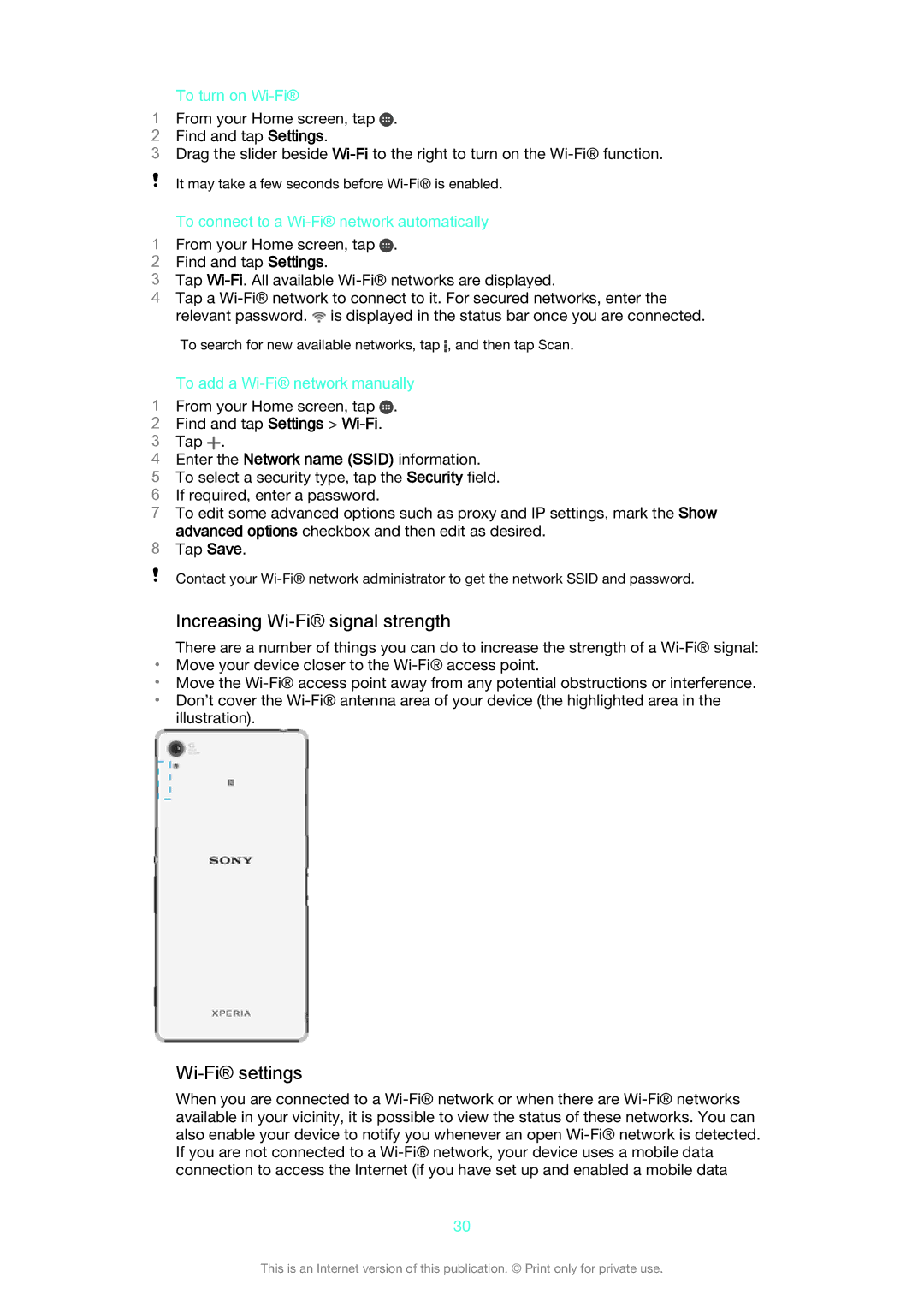 Sony D6633 manual Increasing Wi-Fi signal strength, Wi-Fi settings 