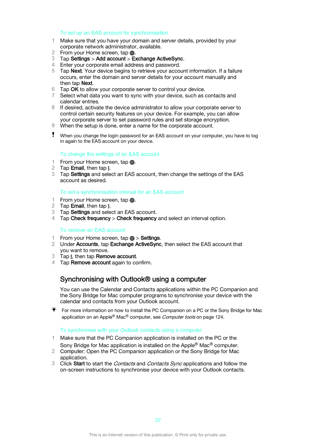 Sony D6633 manual Synchronising with Outlook using a computer, Tap Settings Add account Exchange ActiveSync 