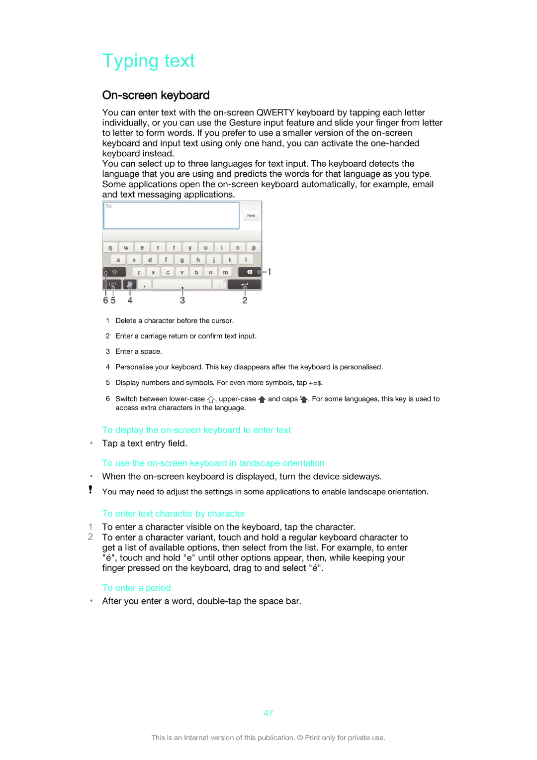 Sony D6633 manual Typing text, On-screen keyboard 