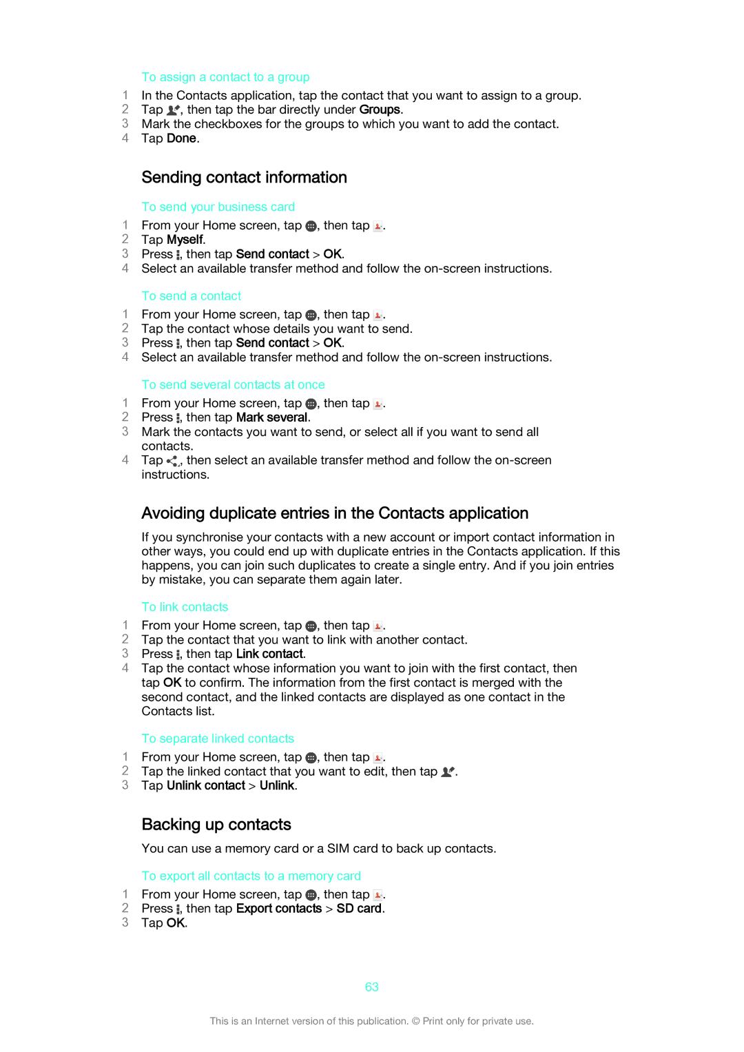 Sony D6633 manual Sending contact information, Avoiding duplicate entries in the Contacts application, Backing up contacts 