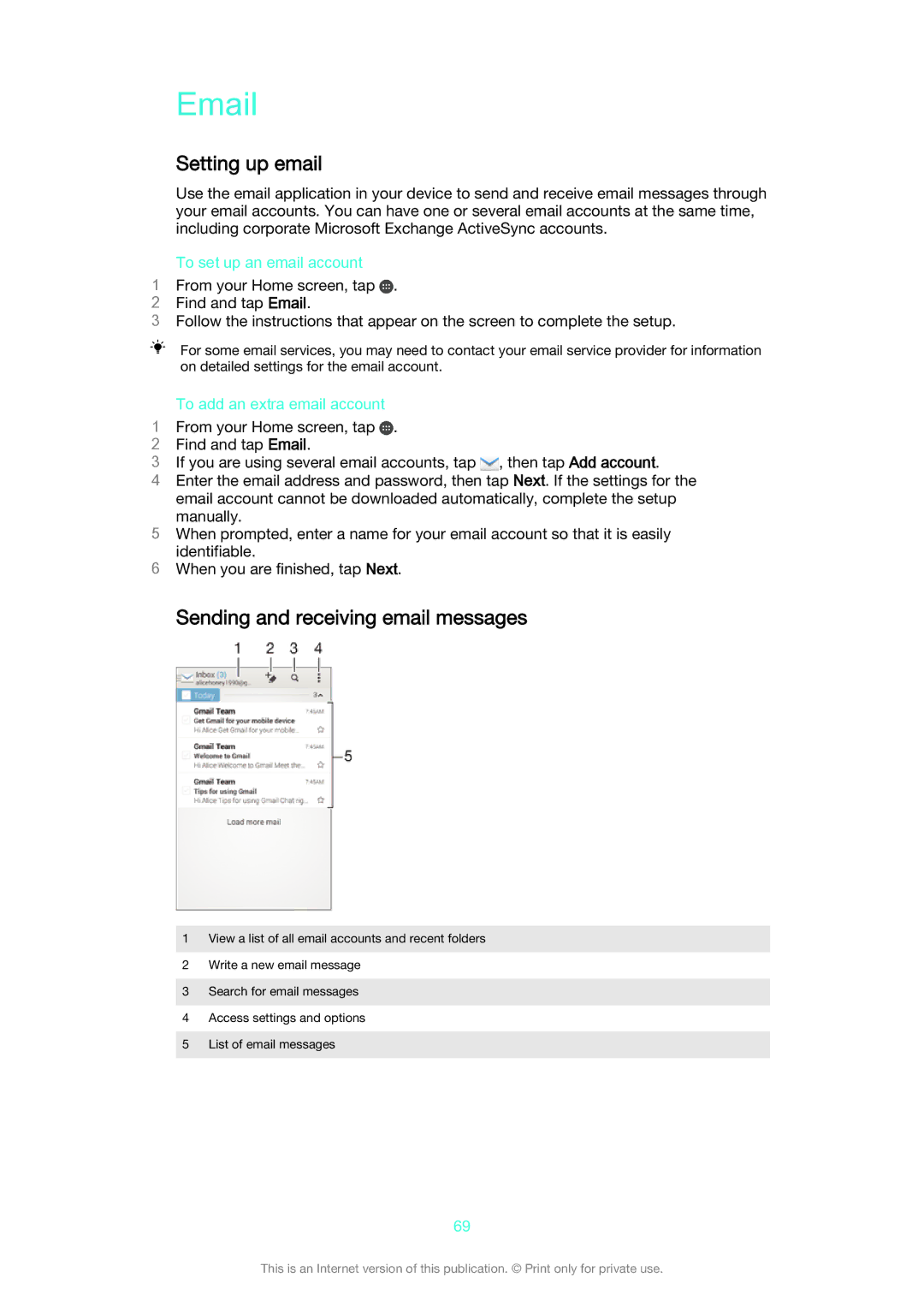 Sony D6633 manual Setting up email, Sending and receiving email messages, To set up an email account 