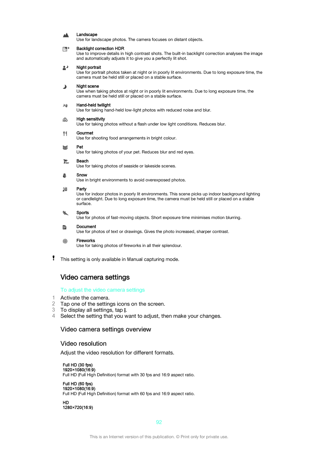 Sony D6633 manual Video camera settings overview Video resolution, To adjust the video camera settings 