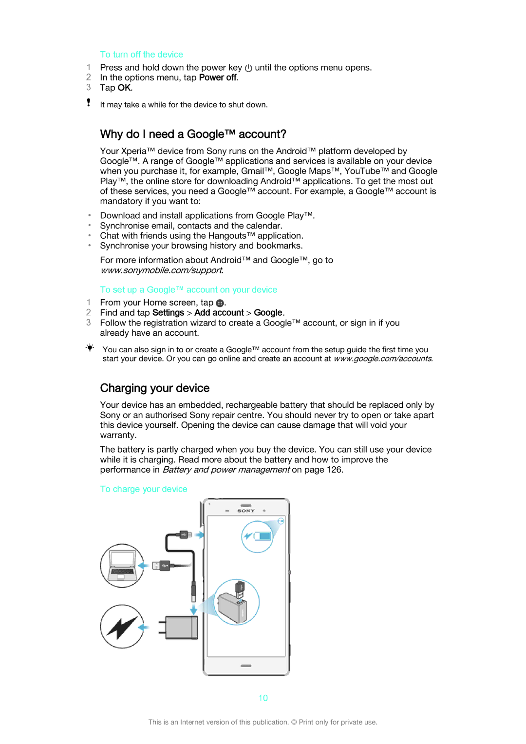 Sony D6653, D6603 manual Why do I need a Google account?, Charging your device, Find and tap Settings Add account Google 