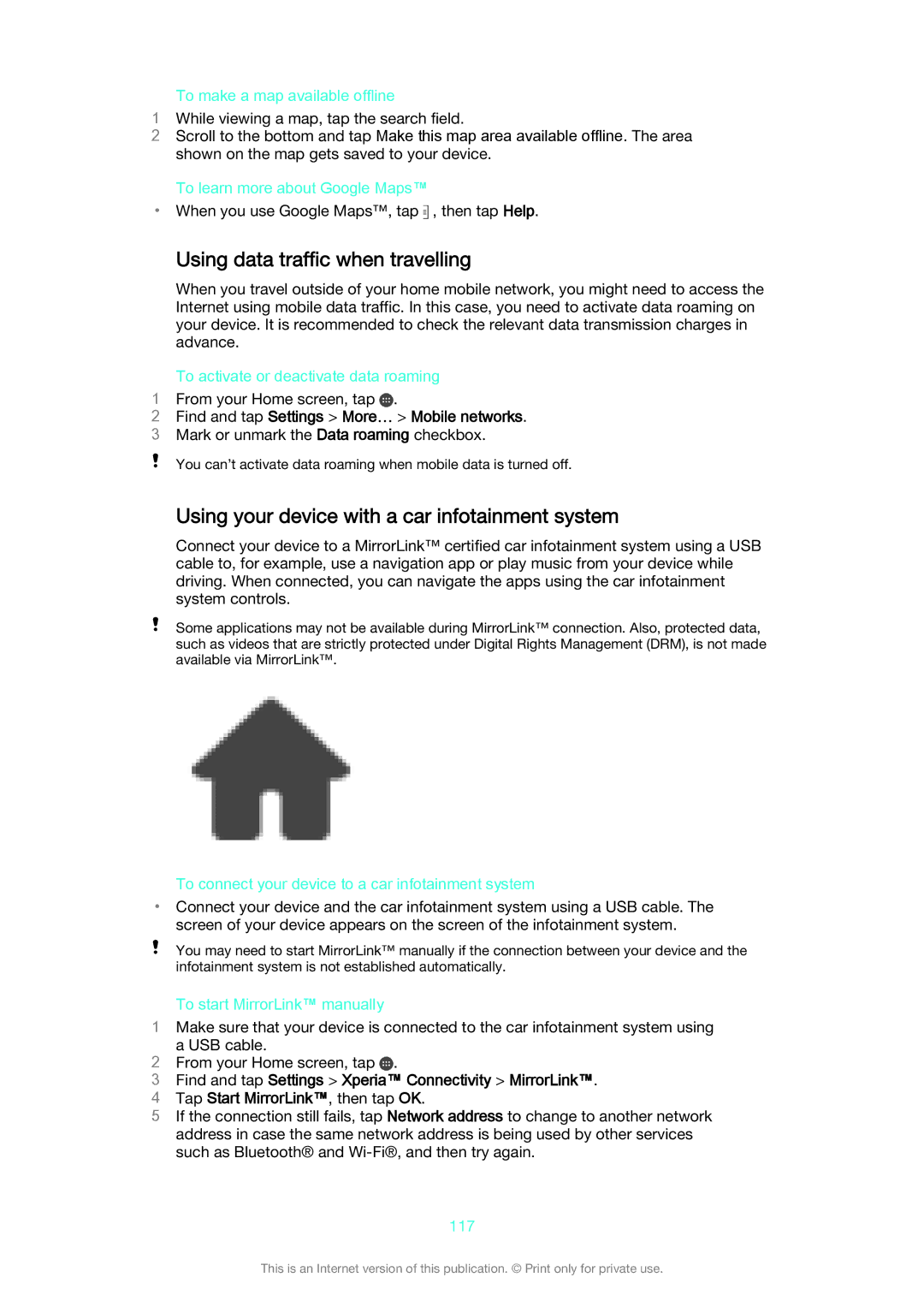 Sony D6603, D6653 manual Using data traffic when travelling, Using your device with a car infotainment system 