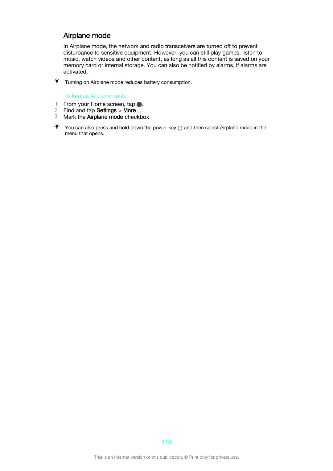 Sony D6653, D6603 manual To turn on Airplane mode, 118 